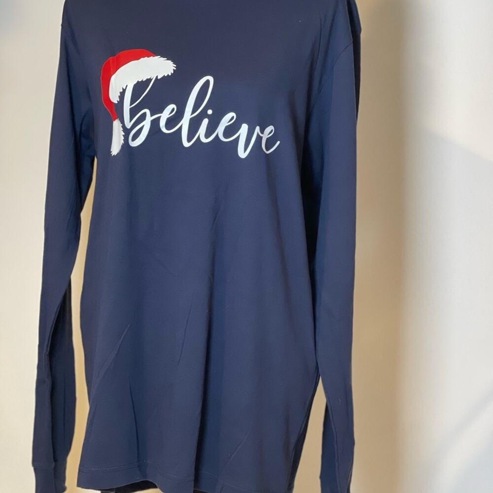Long Sleeve, Navy, Believe Santa T-Shirt. Bella Canvas. Size L. NEW!